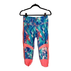 XERSION Coral Orange Blue Colorful Print Cropped Fitted Athletic Leggings M